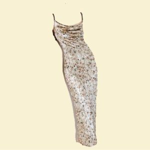 Tan, velvet, floral, slip dress, adjustable straps, slit(fits like small/medium)